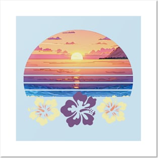 Sunset Beach And Hibiscus Flowers Posters and Art